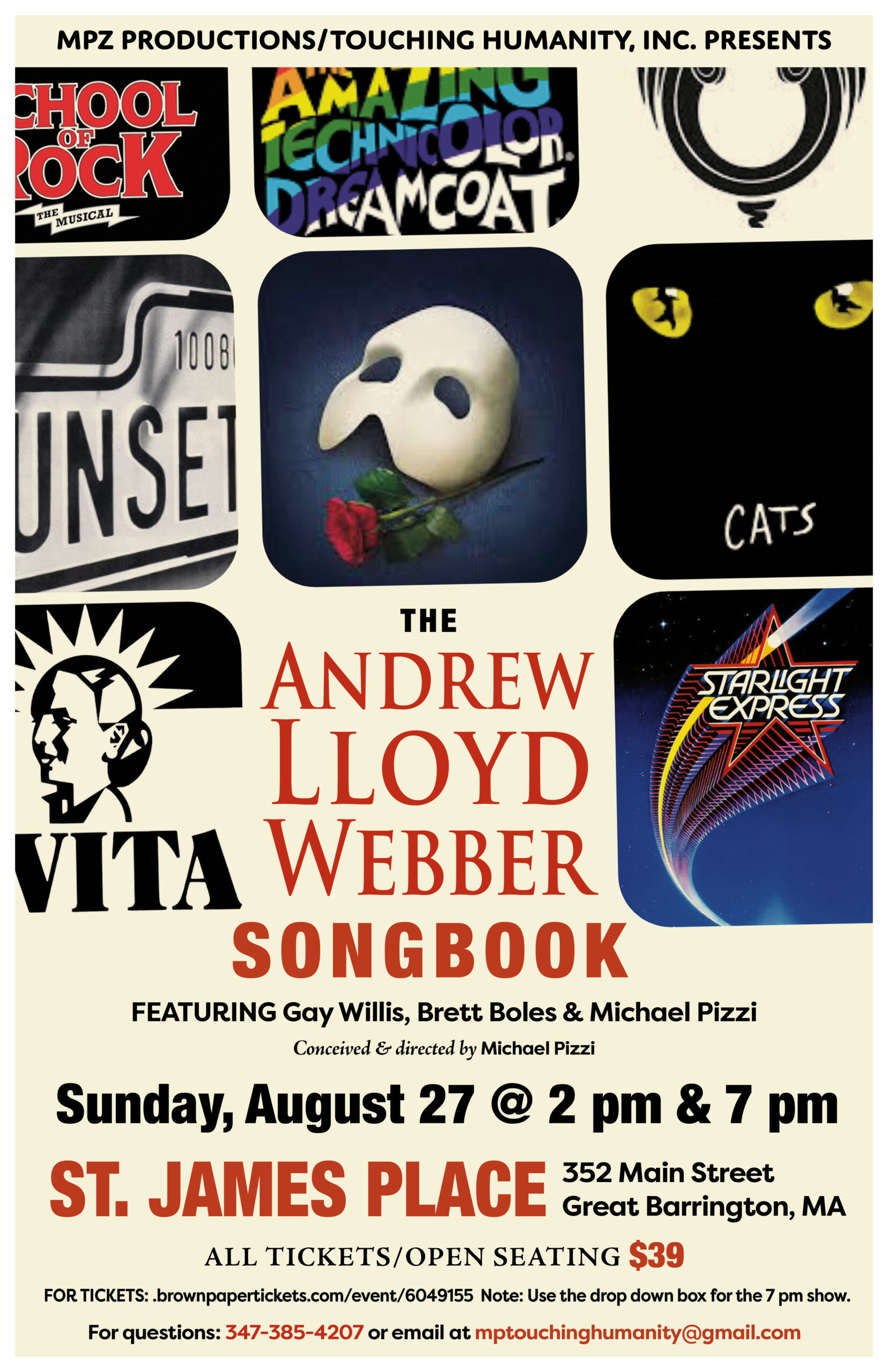 Poster of imagery of Andrew Lloyd Webber musicals performance sunday, august 27 at 2pm and 7pm at Saint James Place, 352 Main Street, Great Barrington, Massachusetts. Call 347.385.4207 with questions.