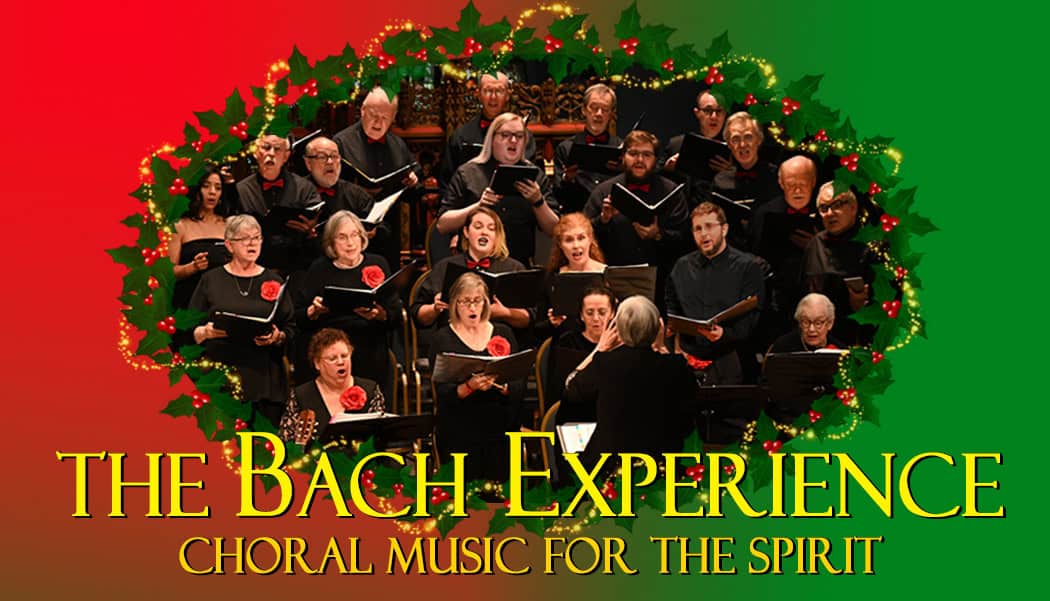 The Bach Experience red and green background photo of Crescendo singers