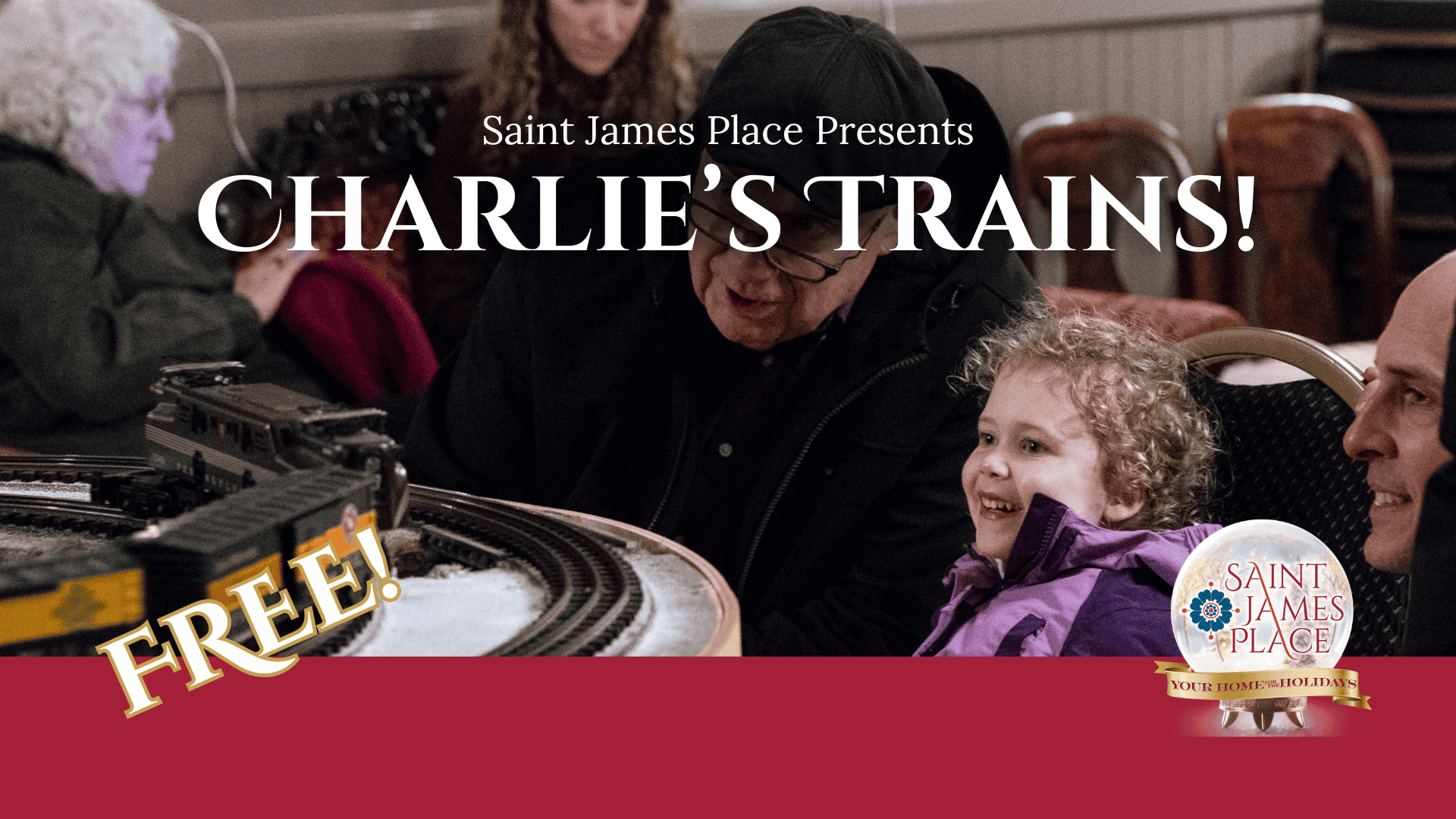 grandpa and grandchild looking at holiday model trains