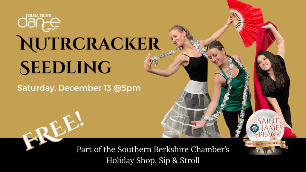 Three dancers dressed in white, red and green for Nutcracker Seedling dance performance on December 13 at 5pm