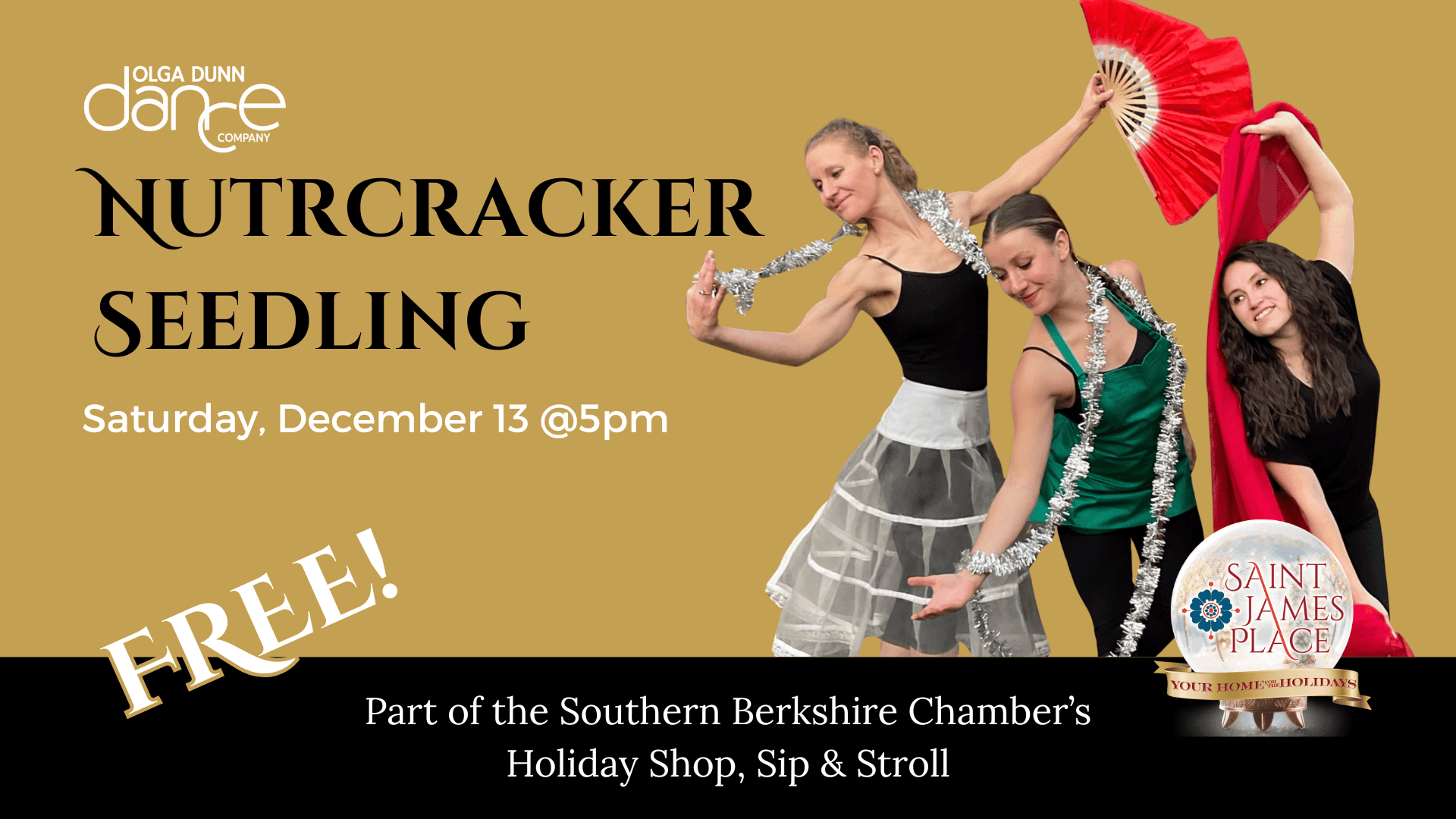 Three dancers dressed in white, red and green for Nutcracker Seedling dance performance on December 13 at 5pm